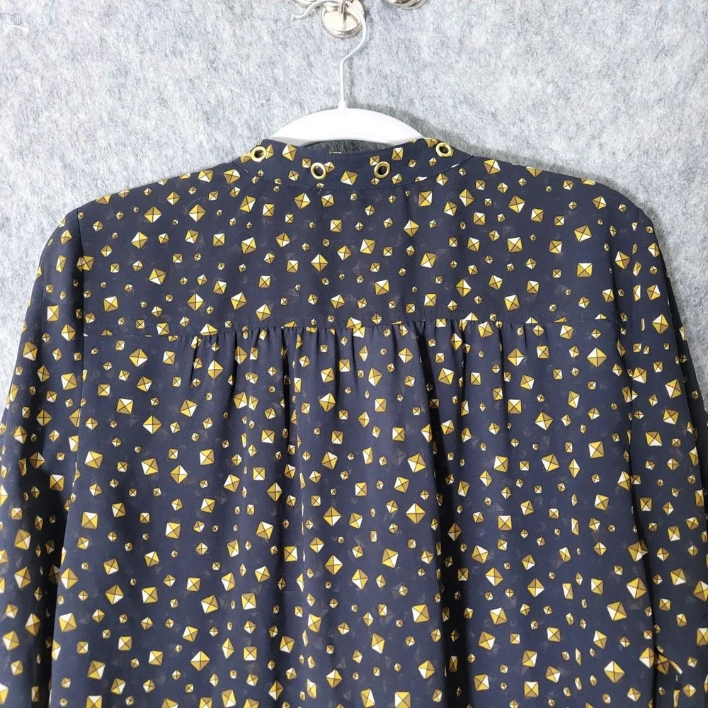 Michael‎ Kors Blouse Women M Black Gold Stud Print Grommet Neck Button Front Top